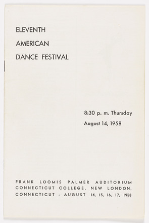 White paper cover of concert program with the title “Eleventh American Dance Festival” in large black print at top left. Center right lists performance date, and bottom lists location and date. Center of page blank.