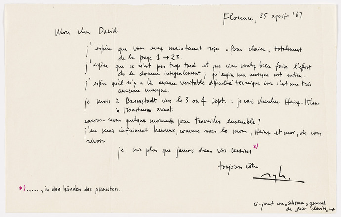 Photocopy of horizontal white page with black handwritten text in French. Letter addressed “Mon cher David” at top left below upper margin followed by five sentences, each on their own line. Concluded with signature and postscript at bottom right.