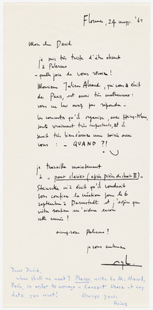 Thin rectangular white paper with black ink handwritten correspondence from Bussotti to Tudor in French. “Florence, 24 maggio ’67” at top right. Salutations followed by two short paragraphs of text and signature. Short English post-script in blue ink at bottom addressed to Tudor and signed from “Heinz.”