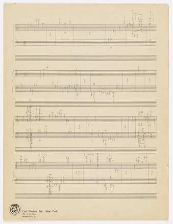 Page printed with twelve staves containing pencil notation. Beginning at the top, the staves are grouped two together into a grand staff, with treble on top and bass on bottom, followed by an empty stave, all of this repeated four times for a total of four grand staves. Clusters of notes and other musical notations fill staves at irregular intervals, yet the page is balanced with a roughly equal disruption of notations throughout. Vertical bar lines appear throughout, some creating measures filled only with a single letter “F” or “S” (at least one instance for every grand staff).