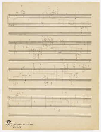 Page printed with twelve staves containing pencil notation. Beginning at the top, the staves are grouped by twos into a grand staff, with treble on top and bass on bottom, followed by an empty stave, all of this repeated four times for a total of four grand staves. Clusters of notes and other musical notations fill staves at irregular intervals, yet the page is balanced with a roughly equal disruption of notations throughout. Heavy use of beamed sixteenth and thirty-second notes. Vertical bar lines appear throughout, some creating measures filled only with a single letter “F” or “S” (at least one instance for every grand staff).