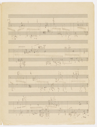 Page printed with twelve staves containing pencil notation. Beginning at the top, the staves are grouped by twos into a grand staff, with treble on top and bass on bottom, followed by an empty stave, all of this repeated four times for a total of four grand staves. Clusters of notes and other musical notations fill staves. Heavy use of beamed sixteenth and thirty-second notes. Vertical bar lines appear throughout, some creating completely empty measures.