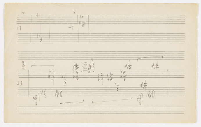 Horizontal white page with six printed staves. Top two staves contain handwritten numbers, bar lines, and musical notes on first half. Fifth and sixth staves contain handwritten numbers, bar lines, musical notes, and other musical notation in pen.