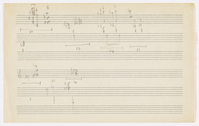 Horizontal white page with six printed staves. First and second contain handwritten numbers, bar lines, musical notes, and other musical notation on entire length at a greater volume than the first two. Fifth and sixth staves contain handwritten numbers, bar lines, and musical notes in pen on first half. There are short horizontal lines each with one number underneath the clusters of notes.