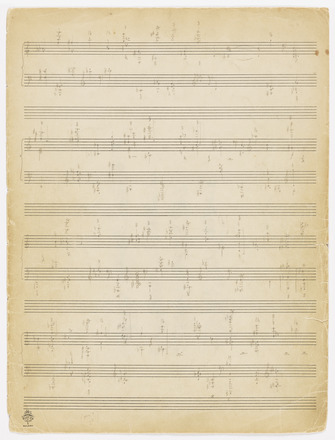 Page printed with twelve staves containing pencil notation. Beginning at the top, the staves are grouped two together into a grand staff, with treble on top and bass on bottom, followed by an empty stave, all of this repeated four times for a total of four grand staves. Clusters of notes and other musical notations fill staves at irregular intervals, yet the page is balanced with a roughly equal disruption of notations throughout. 