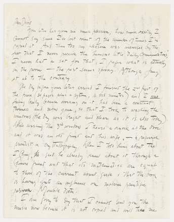 White page with handwritten English-language correspondence in pencil. Double-spaced lines of text cover three-quarters of the page. Bottom quarter of page contains generously spaced notes containing musical notation. Page has thin margins. 