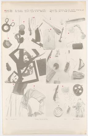 Vertical rectangular white poster with black printed graphic. Top contains a handwritten text key identifying the source of each object. Rest contains collage of photographed objects, each with superimposed minimal line drawing.