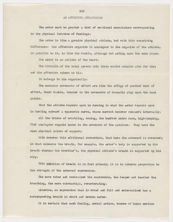 White page with black typewritten text in English titled “XII An Affective Athleticism” at top center, followed by short double-spaced paragraphs that run the length of the page. 