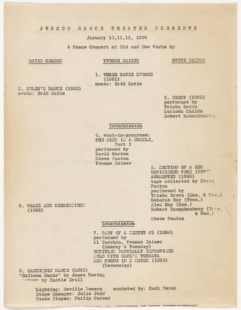 White page with typewritten black text in English. Top center contains information about the date and time of a performance at the Judson Dance Theatre followed by the pieces to be performed, each placed into one of three columns headed by the names of the performers, David Gordon, Yvonne Rainer, and Steve Paxton, and successively numbered for its position in the show.