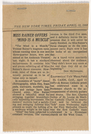 Press clipping with two short columns of text in English titled “Miss Rainer Offers ’Mind is a Muscle’” at top of first column.