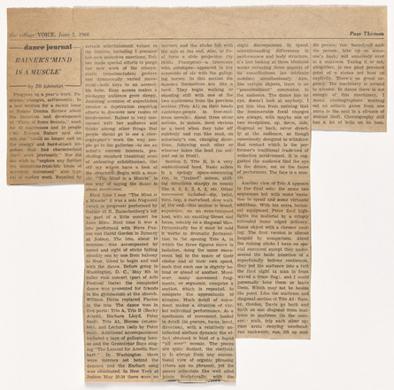 Press clipping with five columns of text comprising one quarter of a broadsheet, titled “Rainer’s ’Mind is a Muscle’” at top of the first column.