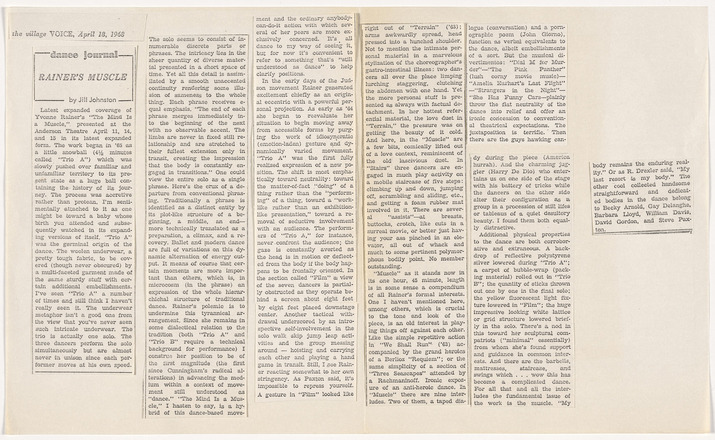 White flyer with black printed text in English folded vertically at center. The top of the left page features the end of a short statement by Yvonne Rainer. Bottom three quarters of page is blank. Right side of the page features the program for “The Mind is a Muscle” performed at the Anderson Theatre in 1968 with the date, time, and location of performance, followed by the dancers, followed by a numbered list of pieces to be performed.
