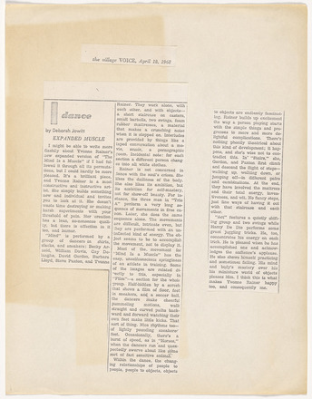 Photocopy of press clipping pasted on printer paper containing three columns of text titled “Expanded Muscle” at top of first column.