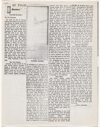 Photocopy of press clipping pasted on printer paper containing four columns of text titled “Yvonne Rainer: I” at top of first column. Top of second column features mostly blown-out photo of a dancer with an arm outstretched. Article fills almost the entire printer page.