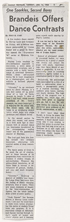 Press clipping with two columns of text titled “Brandeis Offers Dance Contrasts” in large text above both columns.