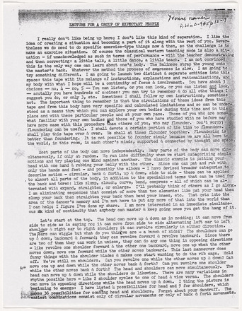 Photocopy of white page with black typewritten text in English titled “LECTURE FOR A GROUP OF EXPECTANT PEOPLE” at top center, followed by three paragraphs that cover the length of the page. “Yvonne Rainer” and a list of handwritten letters and numbers in top right.