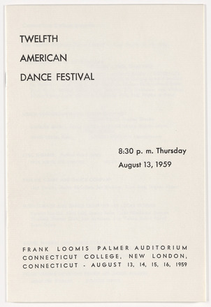 White paper cover of concert program with the title “Eleventh American Dance Festival” in large black print at top left. Center right lists performance date, and bottom lists location and date. Center of page blank.