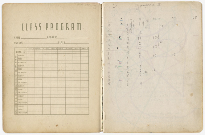 Nineteen pages in bound notebook, shown in two-page spreads. First is the leading shown with back of notebook cover, followed by eight two-page spreads. Pages contain handwritten notes formatted in paragraphs, small figure drawings, numerical notation, and multicolor line diagrams.