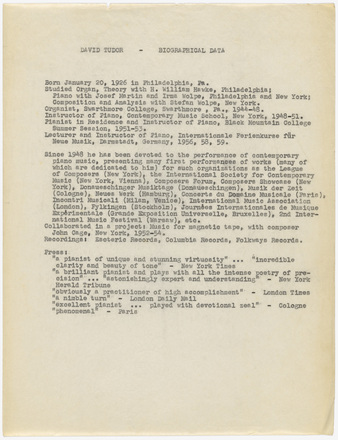 White page with typewritten text in English. Title “Biographical Data – David Tudor” at center below top margin is followed by three paragraphs of text. Bottom quarter of page blank.