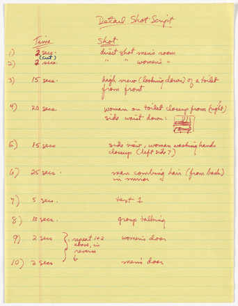 Yellow lined page with three columns running length of the page, the leftmost in the margin with ascending numbers, the middle at left with times in seconds, and the right at right with shot information. Text handwritten in red pen. “Detail Shot Script” at center of top margin. 