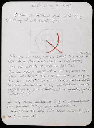 White page with black handwritten text in English and one diagram annotated with red pencil just above center of page. Top center titled “Instructions for Marnie” followed by short paragraph, radial diagram on faint at center, and more text spanning the length of the page.