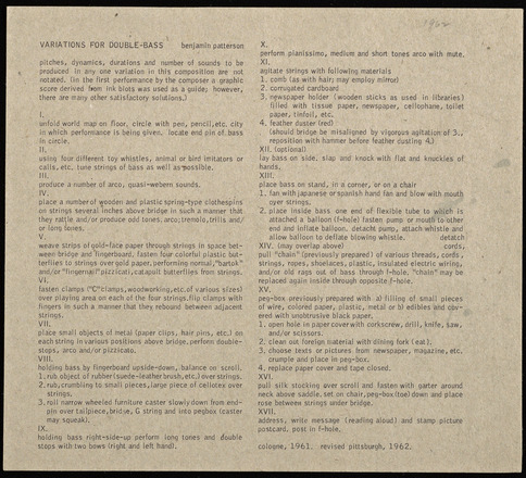 White page with black typewritten text in English. Two columns run the length of the page and bisect it vertically. Title “Variations for Double-Bass” at top of first column followed by seventeen-point list of instructive sentences that continues into the second column. “cologne, 1961. revised Pittsburgh, 1962” at bottom of second column.