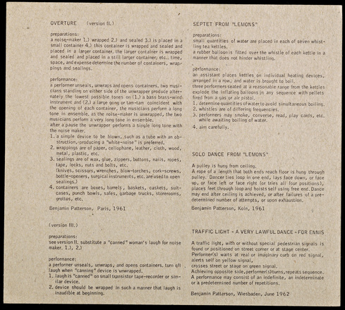 White page with black typewritten text in English. Two columns run the length of the page, bisecting it vertically. Columns contain paragraphs of text and lists grouped into four sections across both columns. Each begins with title in all capitalized letters: “Overture,” Septet from “Lemons’“ “Solo Dance from ‘Lemons’“ and “Traffic Light - A Very Lawful Dance - For Ennis.”