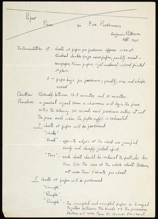 White page with three evenly spaced horizontal creases containing black handwritten text in English. Title “Paper Piece for Five Performers” “Benjamin Patterson Sept: 1960” in top margin crossed through with large X. Below, text runs the length of the page. Three sections labeled at left, “Instrumentation,” “Duration,” and “Procedure,” the last covering over half of the page.