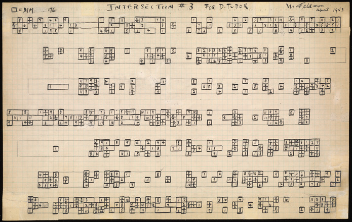 Horizontal eleven-inch-wide graph paper with seven horizontal staves outlined in pencil, each one three grid boxes tall. Within the staves, seemingly random boxes are outlined and filled with handwritten numbers from 1 to 11 in black ink. Some grid boxes are outlined horizontally to create rectangles. Top margin handwritten text reads: outlined box “= MM 176” at left, “Intersection #3 for Tudor” at center, and “M Feldman [unreadable word] 1953” at right.