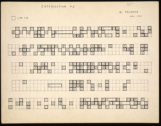 Horizontal page with five horizontal staves that span the width of the page, each created from a three-box-tall grid outlined thinly in black. Within the staves, seemingly random boxes are outlined thickly in black and are filled with handwritten numbers from 1 to 11. Some grid boxes are outlined horizontally to create rectangles. Other boxes are horizontally bisected, creating even smaller rectangles. Handwritten text in the top margin reads: outlined box “= MM 176” at left, “Intersection #3” at center, and “M Feldman April 1953” at right.