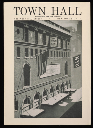 White paper program with photograph and printed text in English. Title on top quarter of the page reads “TOWN HALL.” Below, covering the rest of the page, is a black-and-white photograph of a three-story building on a city block. It has a brick exterior and is flying an American flag and a flag printed with “NYU.”  