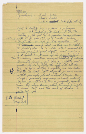 Yellow, lined page from notepad with handwritten blue text in English containing a short list at top followed by two paragraphs. Bottom third of page blank.