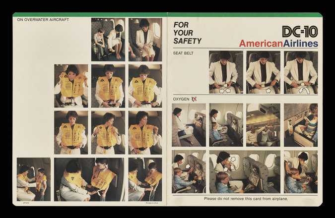 White flyer with color photographs and print in English and French. Right side: “Do you know A-300” at top left in bold orange print followed by four rows of photographs with people inside plane demonstrating airplane safety procedures for seat belts, storage, and oxygen masks. Lefts side: Four rows of photographs with father and son demonstrating airplane safety procedure for securing personal flotation device. “Now you Know” in bold orange at bottom left of page below last row of photos. 