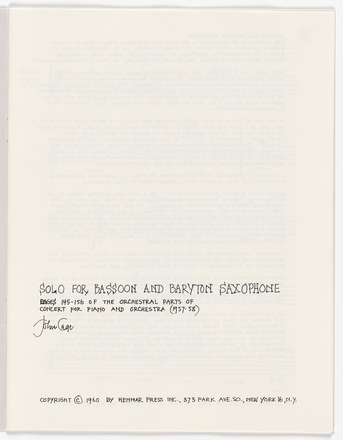 White page with black print text in English. Blank except for title, just below center of page, which reads “Solo for Bassoon and Baryton Saxophone Pages 145–156 of the orchestral parts of Concert for Piano and Orchestra (1957–58),” and copyright information at the bottom of the page. 