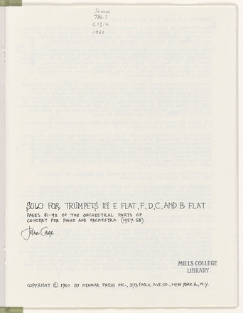 White page with black printed text in English. Blank except for title just below center of page, which reads “Solo for Trumpets in E Flat, F, D, C and B Flat Pages 81–92 of the orchestral parts of Concert for Piano and Orchestra (1957–58),” and copyright information at the bottom of the page. 