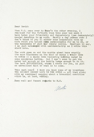 White page with black typewritten text in English addressed “Dear David:” at left above three paragraphs of text and below a large top margin. “Morton” signed below text in blue pen. Bottom half of page blank.