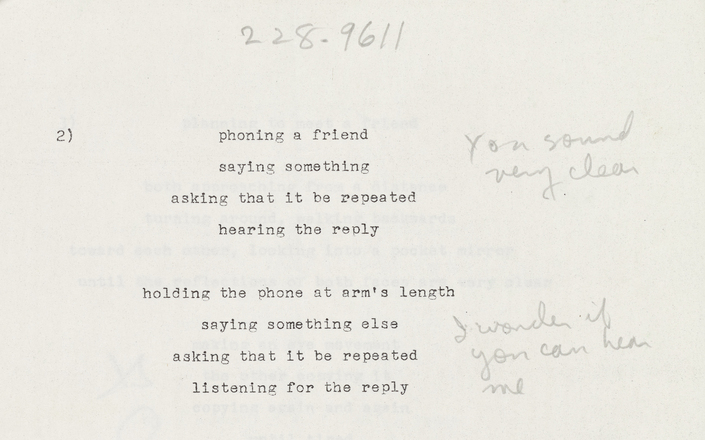 Rectangular horizontal white paper with black typewritten text in English. “2)” at top left. Eight lines of double-spaced text each with one phrase at center running the length of the paper. “228.9611” at top center and short phrases to right of text handwritten in pencil. 