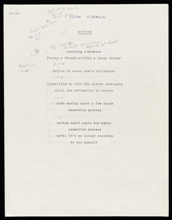 White page with black typewritten text in English, center-justified, attached to other pages with a staple in upper-left corner. Some pages are notated in pencil.