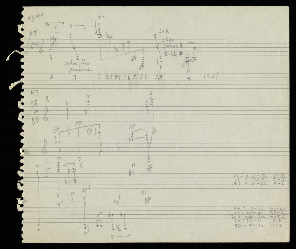 Sketches for graphs AT, BE, and BD for the first realization of John Cage’s *Solo for Piano*: 