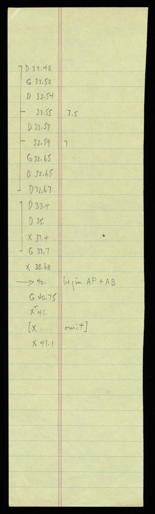 Tables for graphs Y, Z, X, AG, and AD for the first realization of John Cage’s *Solo for Piano*: 