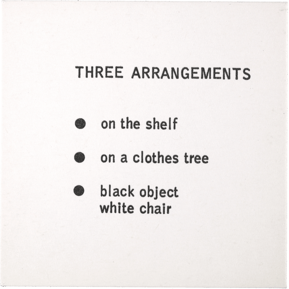 Three Arrangements: • on the shelf • on a clothes tree • black object white chair