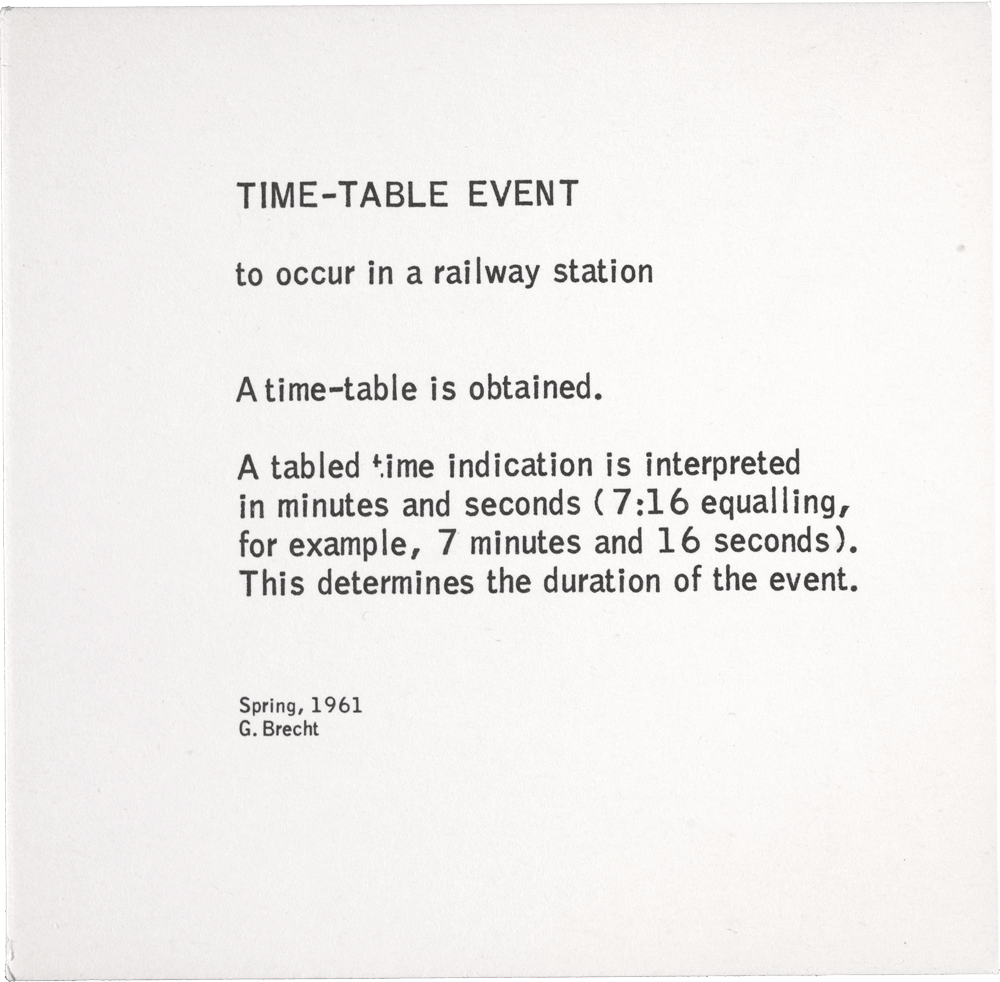 Time-Table Event: to occur in a raiIway station A time-table is obtained. A tabled time indication is interpreted in minutes and seconds (7:16 equalling, for example, 7 minutes and 16 seconds). This determines the duration of the event. Spring, 1961 G. Brecht