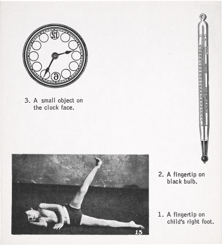 Untitled: 3. A small object on the clock face. 2. A fingertip on black bulb. 1. A fingertip on child's right foot.