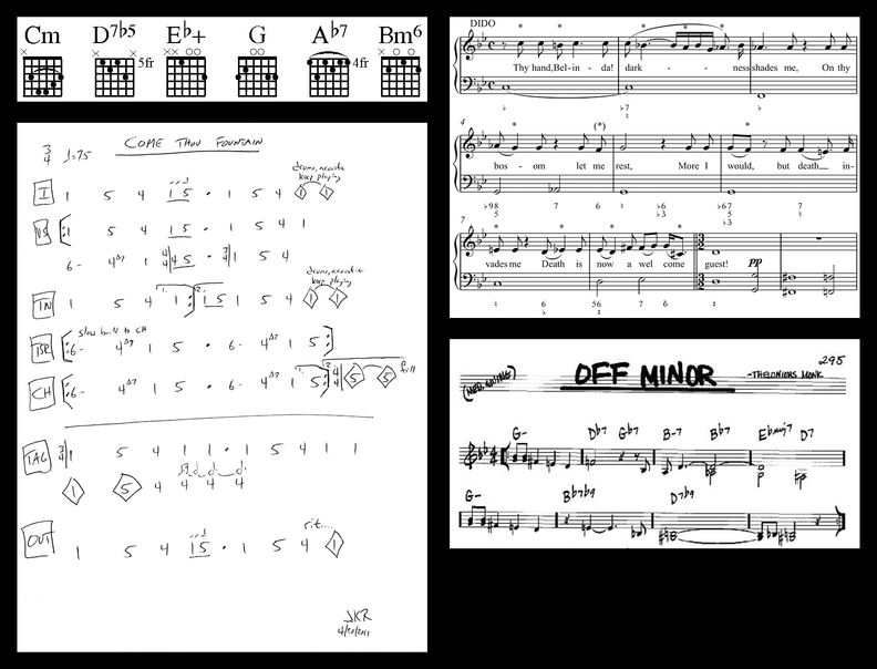 A grid of four images. A, chord names and associated fretboard diagrams. B, a page of music in standard notation showing two staves comprised of a vocal line with lyrics above figured bass. C, handwritten notation organized by song section, each section having a sequence of numbers representing chords and a few additional expressive and rhythmic marks. D, a lead sheet showing a short melody with chord names above.