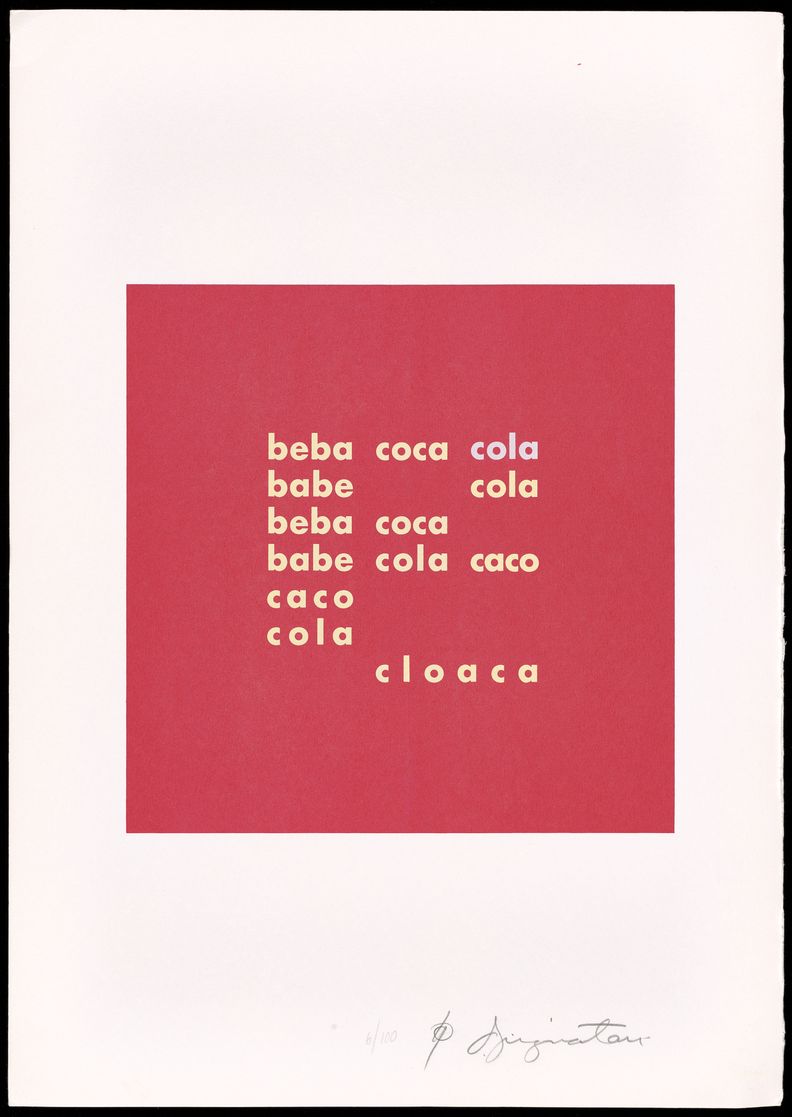Red square at the center of a white page containing all-lowercase, center-justified text that presents variations on the three words, beba, coca, cola.