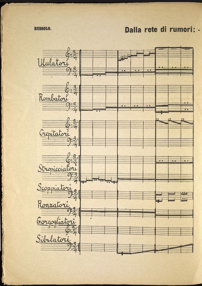 First page of a musical score showing graphic notation written for 8 instruments, all with unfamiliar Italian names. The notation is comprised of dark black lines gradually rising and falling over treble and bass staves.