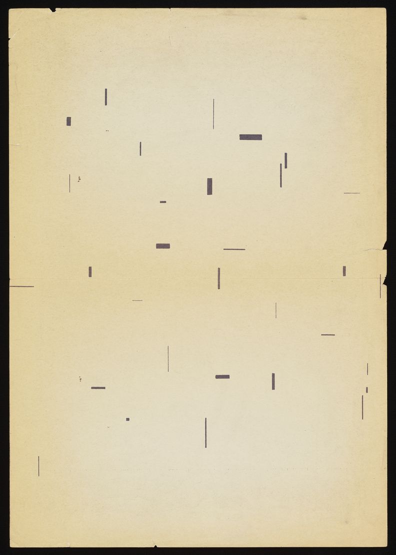 White page with sparse field of hand drawn black line segments and rectangles of varying thicknesses. Lines and shapes are oriented either vertically or horizontally. The majority are concentrated around the central two thirds of the page with the top and bottom blank.