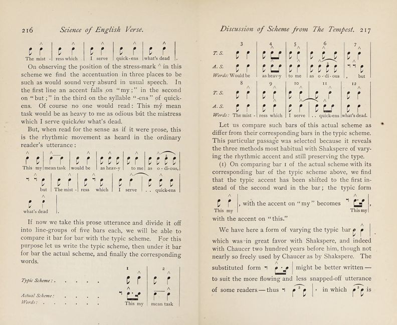 Two-page spread of text interspersed with lines of unpitched musical notes paired with English syllables.