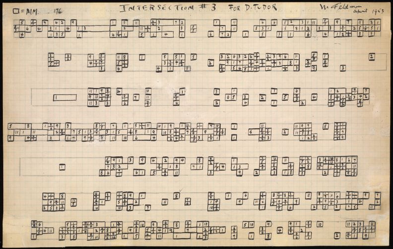 Horizontal eleven-inch-wide graph paper with seven horizontal staves outlined in pencil, each one three grid boxes tall. Within the staves, seemingly random boxes are outlined and filled with handwritten numbers from 1 to 11 in black ink. Some grid boxes are outlined horizontally to create rectangles. Top margin left handwritten text reads, outlined box equals MM 176, at center it reads, Intersection #3 for Tudor, and at right it reads, M Feldman, unreadable word, 1953.