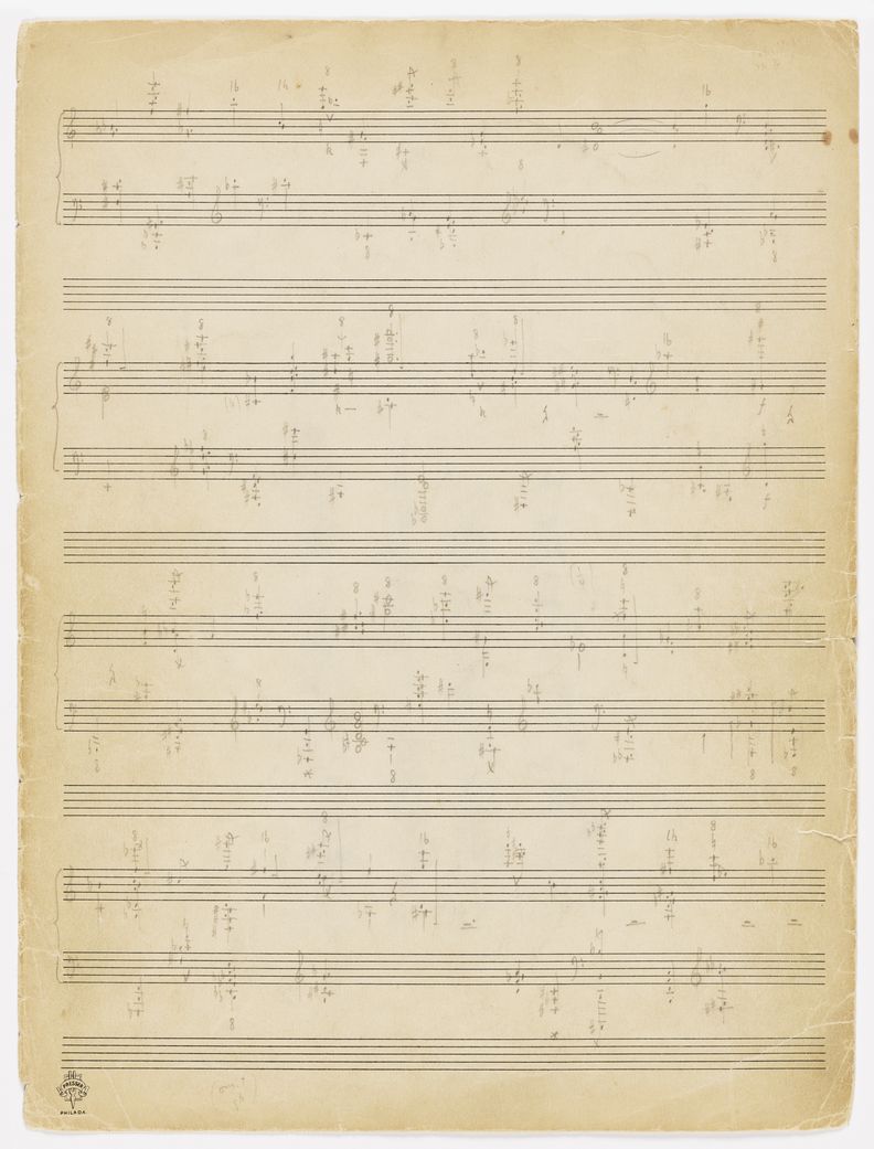 Page printed with twelve staves containing pencil notation. Beginning at the top, the staves are grouped two together into a grand staff, with treble on top and bass on bottom, followed by an empty stave, all of this repeated four times for a total of four grand staves. Clusters of notes and other musical notations fill staves at irregular intervals, yet the page is balanced with a roughly equal disruption of notations throughout.